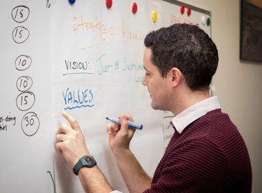 Person writing a list of values on a whiteboard